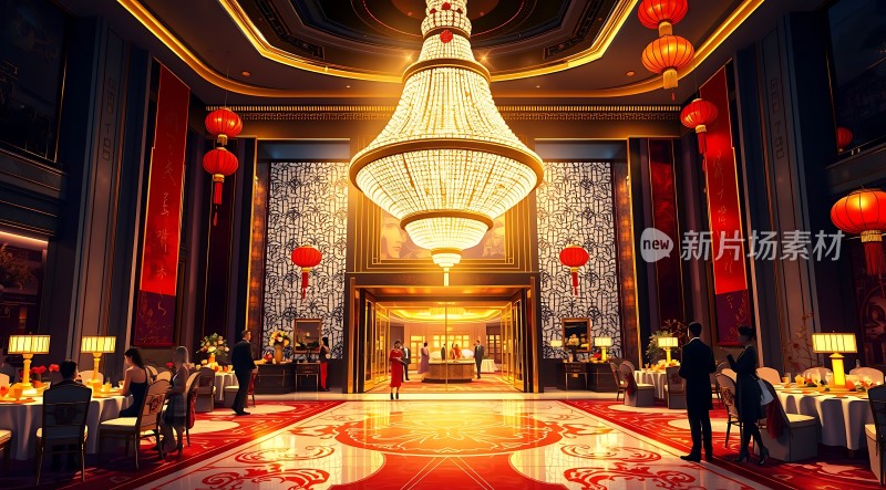 豪华宴会厅璀璨吊灯映红毯