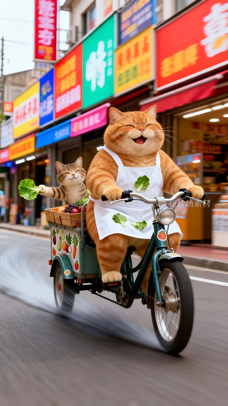 橘猫骑三轮车卖菜小猫挥手打招呼