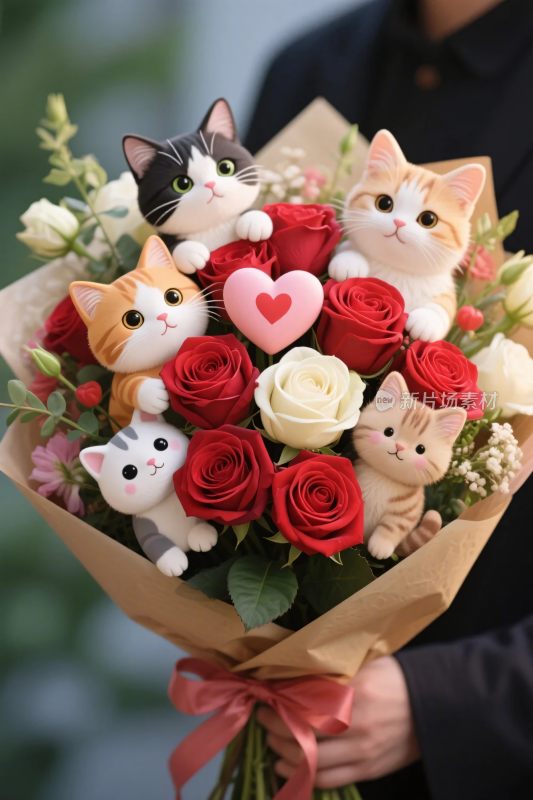 花束猫咪玩偶插画