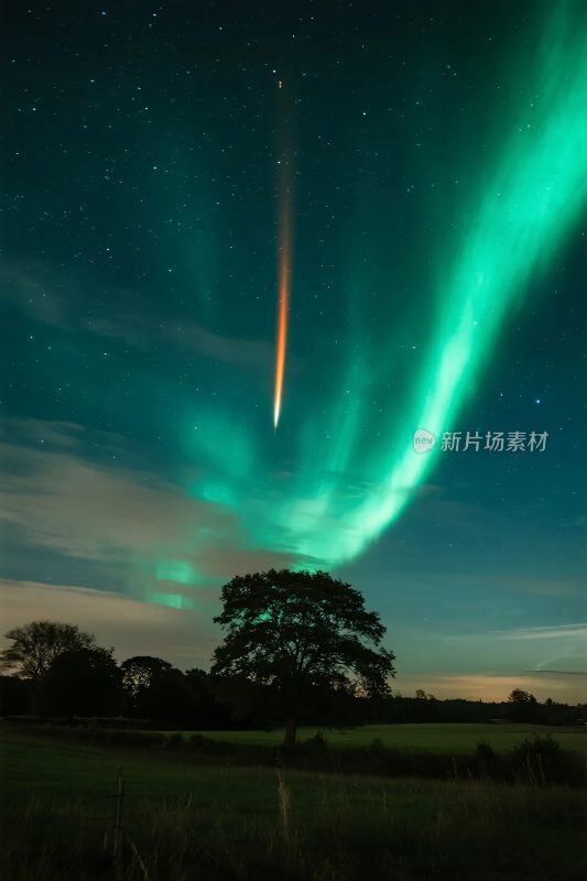 极光流星下的树林夜空