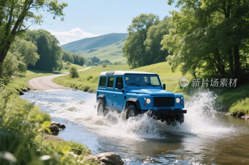 蓝色越野车穿越溪流
