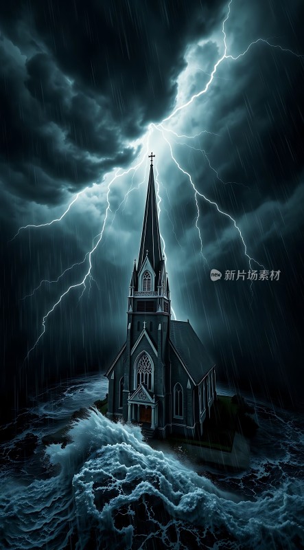 暴风雨中的孤岛教堂