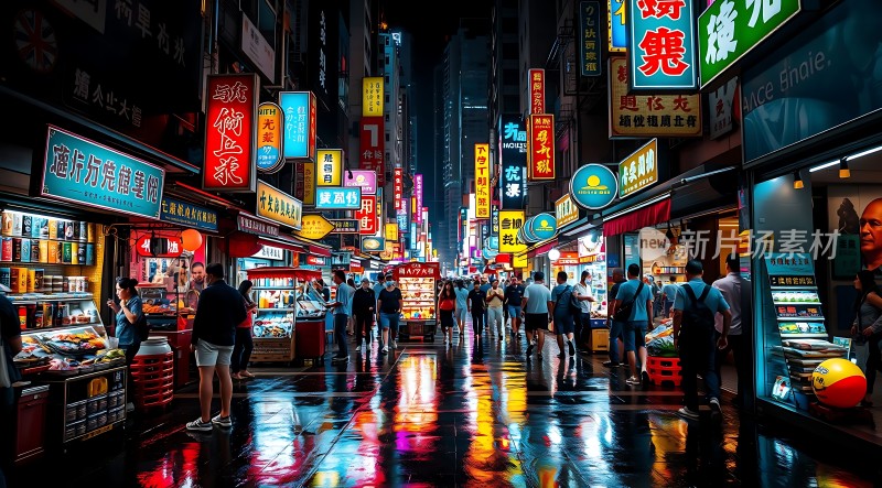霓虹灯下的繁华夜市