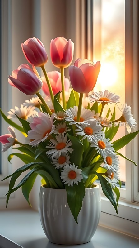 阳光下的粉红郁金香与白色雏菊