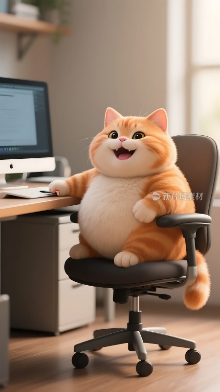 橘猫办公椅上笑眯眯