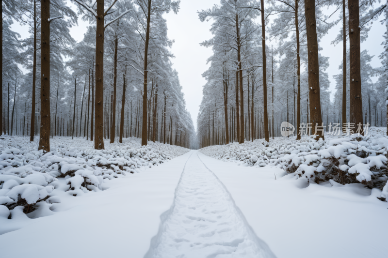 树林里的雪道两侧都是树木和灌木丛风景图片