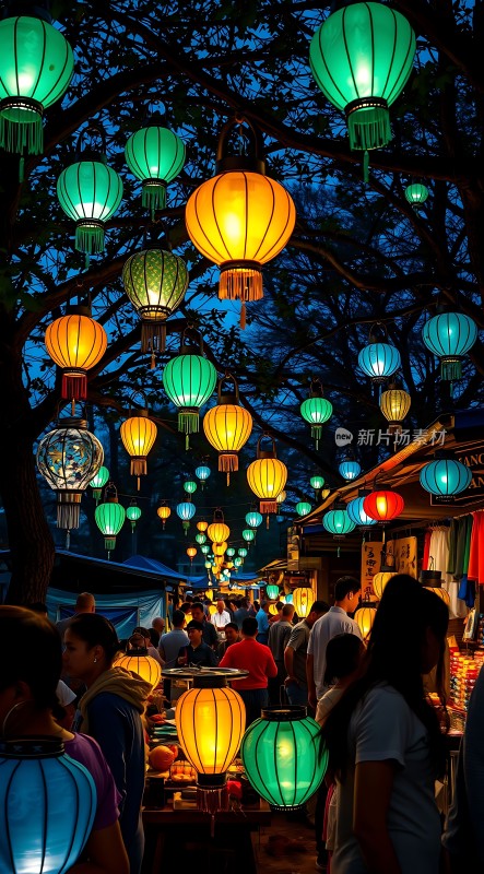 夜市灯笼映照繁华街景