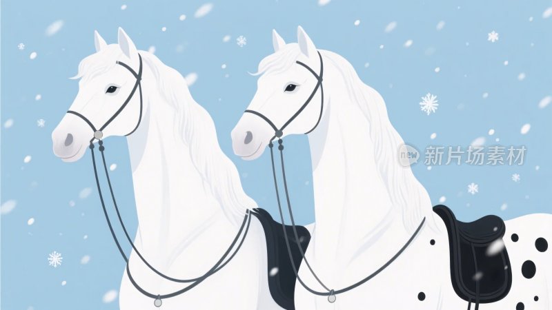 雪中的两匹白马插画