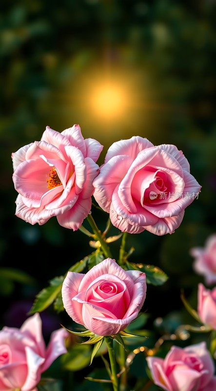 粉红玫瑰绽放阳光下的美丽瞬间