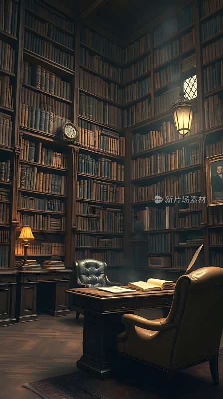 古旧书房书架、桌椅与灯光营造静谧氛围
