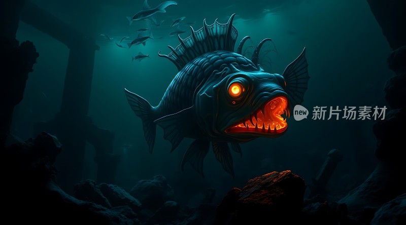深海巨怪发光的眼睛与锋利的牙齿
