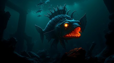 深海巨怪发光的眼睛与锋利的牙齿 深海巨怪发光的眼睛与锋利的牙齿