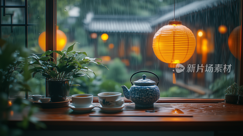 茶7雨中茶室的宁静 窗外的雨景与茶香