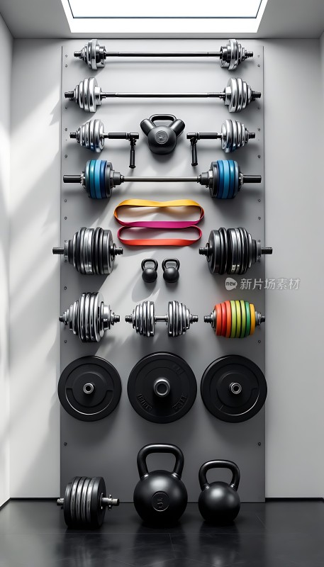 健身器材展示墙整齐排列各种杠铃、哑铃和壶铃等重量训练工具