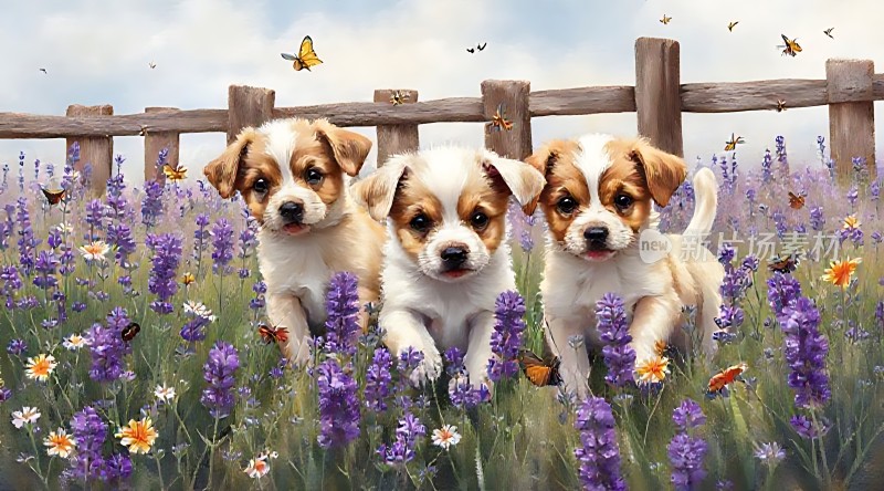 三只小狗在紫色花丛中玩耍