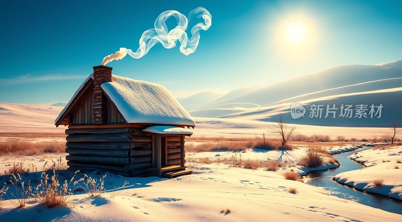 阳光下的雪地小木屋