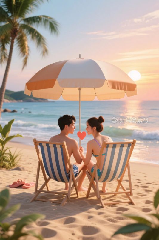 沙滩情侣休闲场景