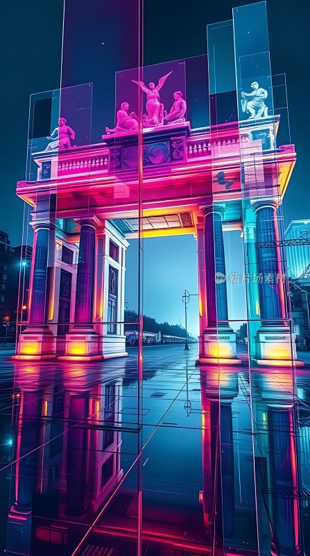 霓虹灯光下的古典建筑