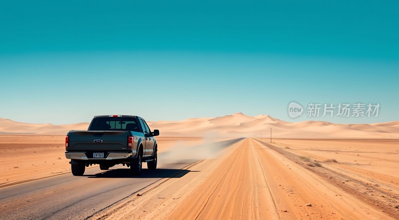 沙漠公路上的黑色皮卡车