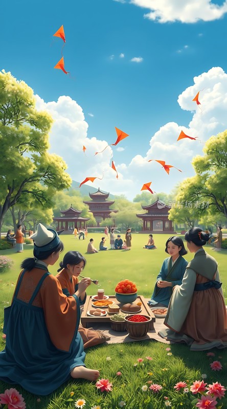 春日野餐风筝飞舞