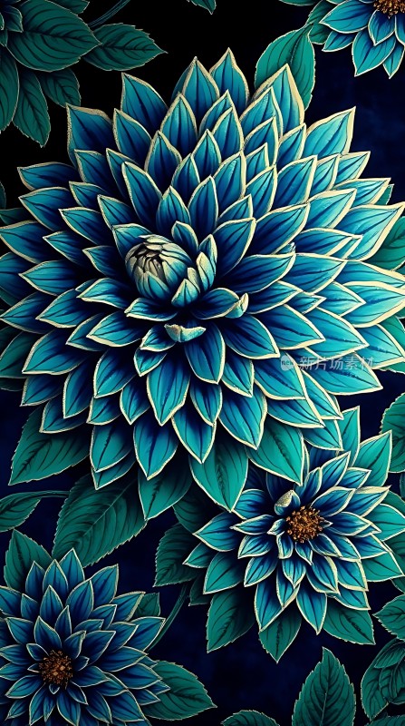 蓝绿相间花朵绽放绿叶点缀其中