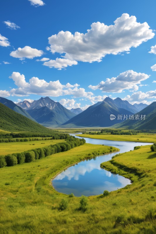 绿色山谷中山脉和河流蓝天高清风景图片