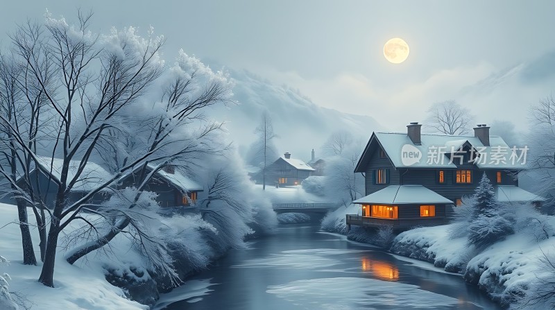 雪夜月光下的温馨小屋