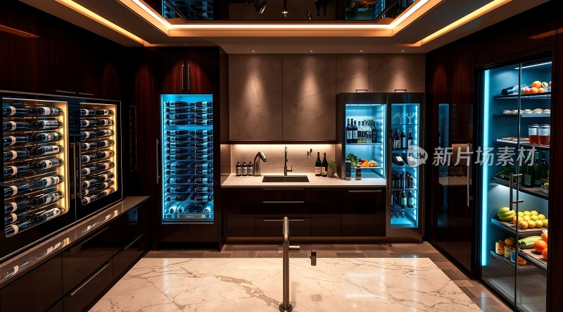 现代厨房设计高端酒柜与冰箱