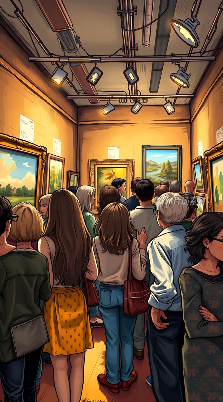 艺术馆内观众欣赏画作
