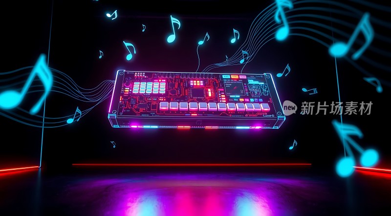 电子音乐合成器霓虹灯光效果音符环绕