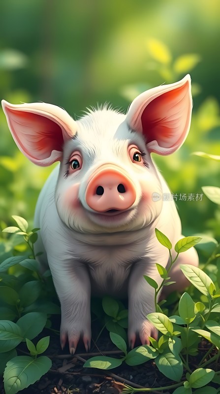 小猪萌宠绿意盎然中探出头