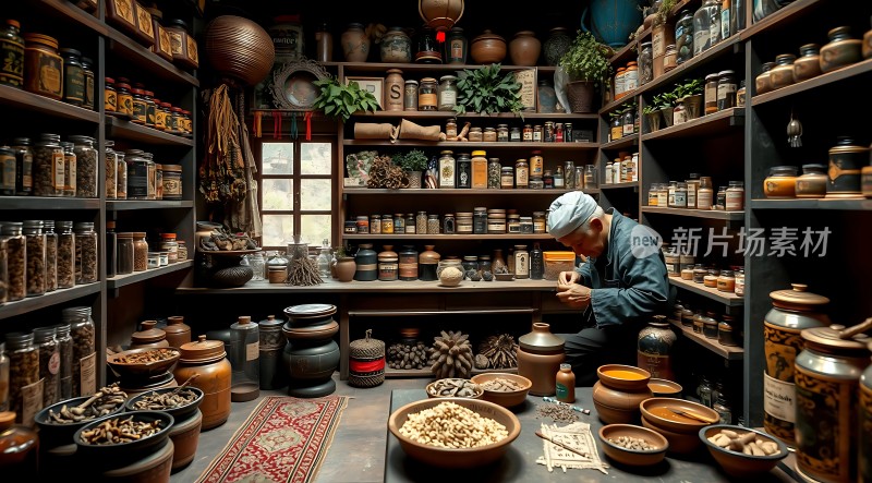 传统中药铺里的老中医在认真调配药材