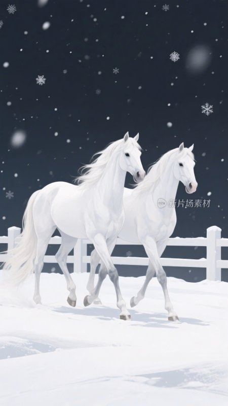 雪地中奔跑的两匹白马