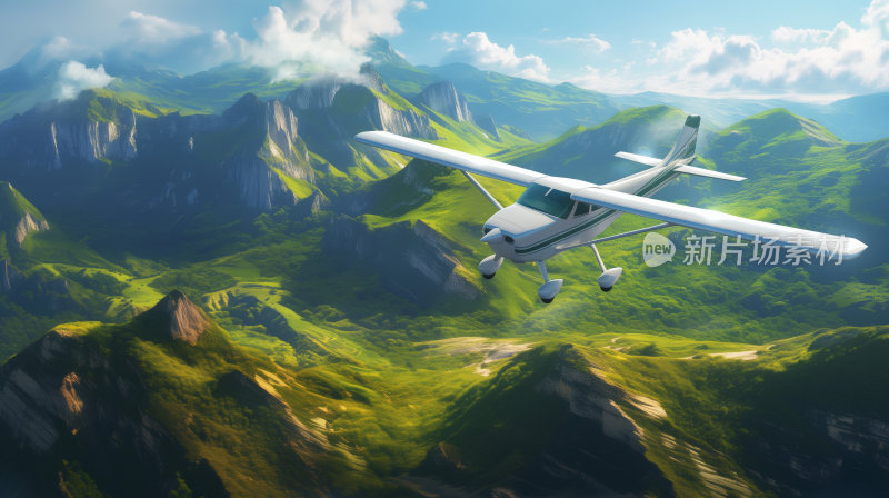 一架小型飞机飞行在连绵不断的绿色山脉上空