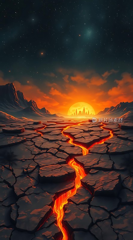 熔岩裂谷夜空下的神秘城市