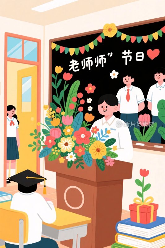 教师节课堂献花插画