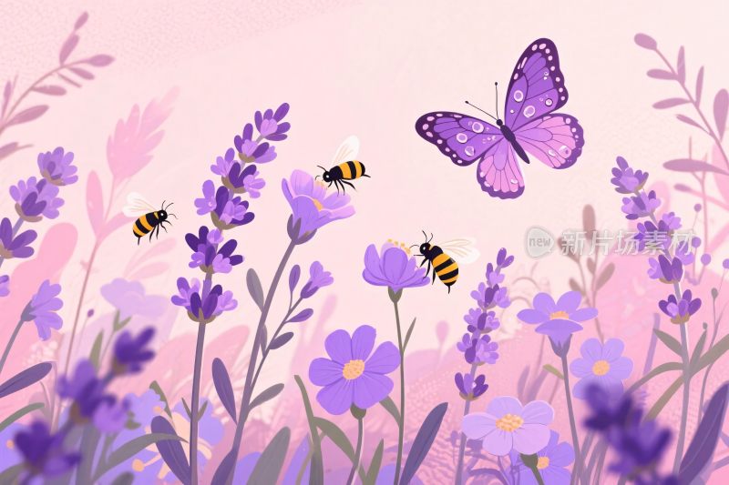紫色花丛中的蝴蝶与蜜蜂