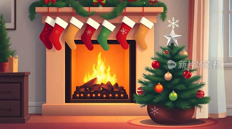 温馨壁炉旁的圣诞树与袜子