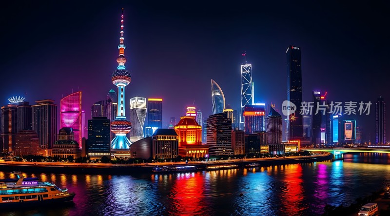 上海夜景灯光璀璨黄浦江畔繁华都市