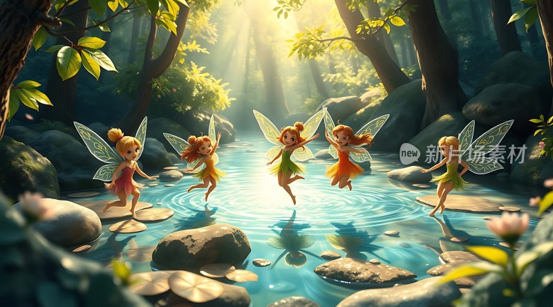 精灵嬉戏林间溪流