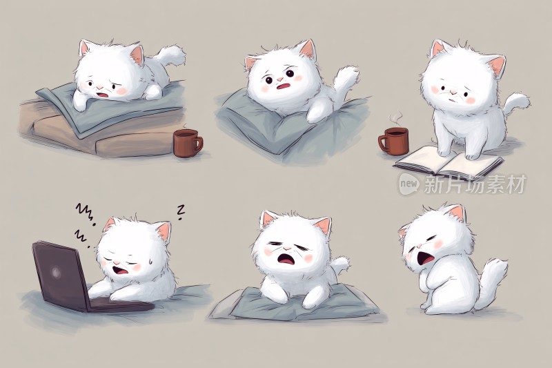 可爱白猫不同姿态插画