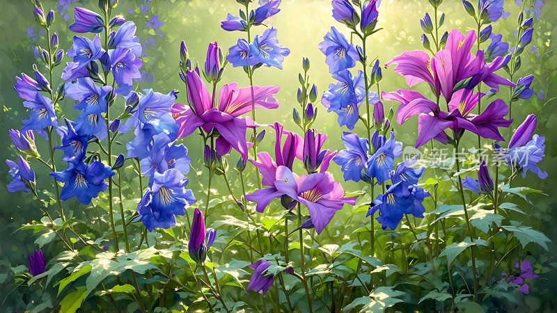 蓝紫相间花海阳光下的美丽绽放