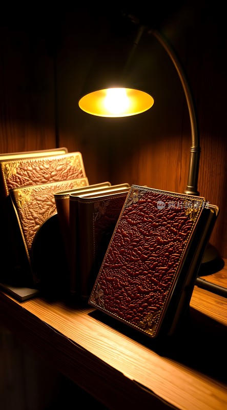 书架上的古旧书籍与台灯