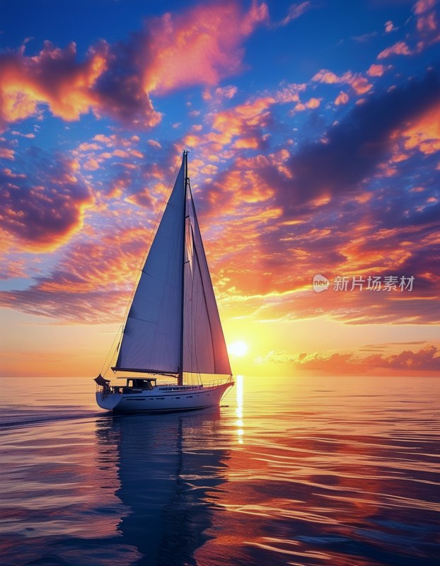 帆船日落映海面