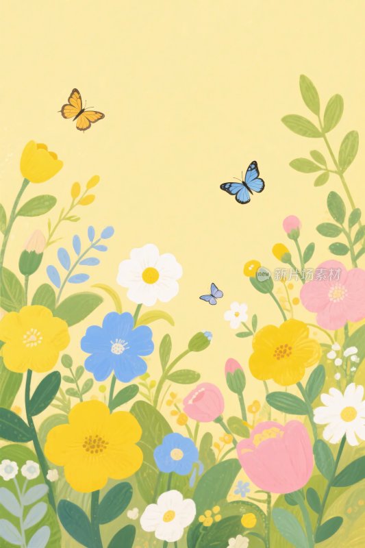 春日花丛与蝴蝶插画