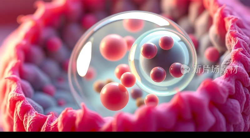 微观世界探秘透明球体与粉色粒子