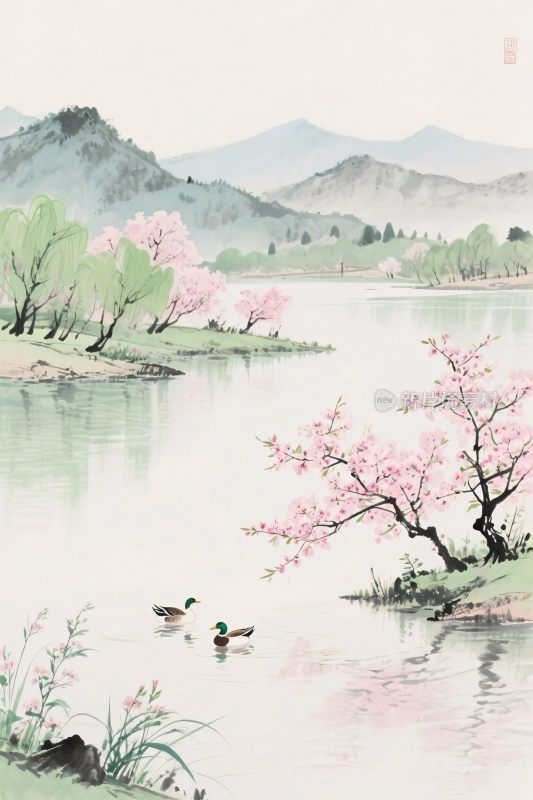 传统山水水墨桃花图