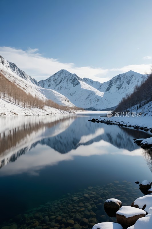 山倒映在雪中的湖水中高清图片