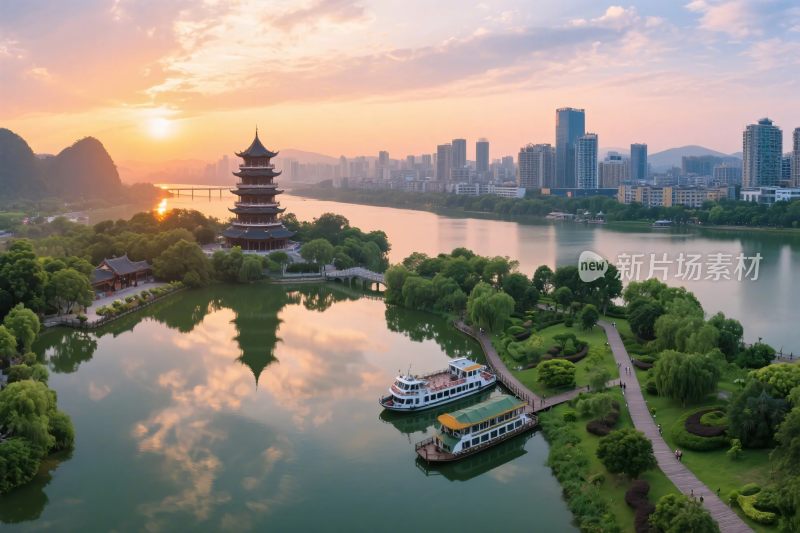 城市古塔湖景风光