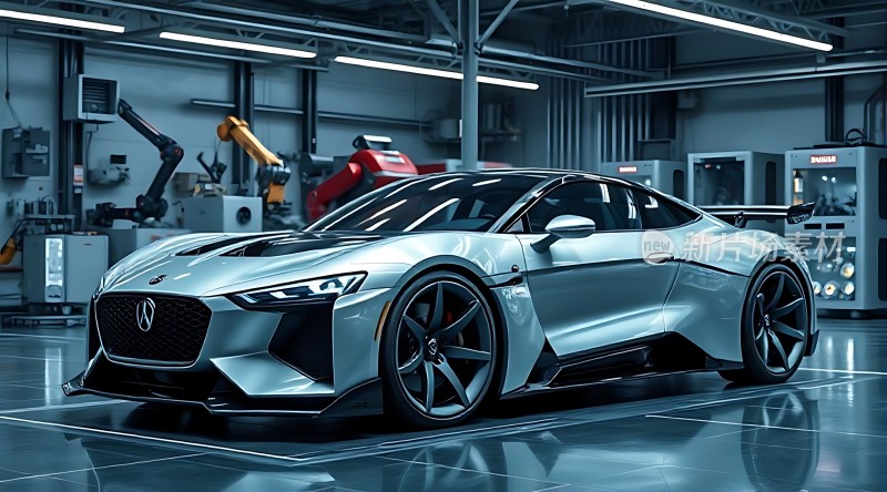 银色跑车车间展示科技感十足